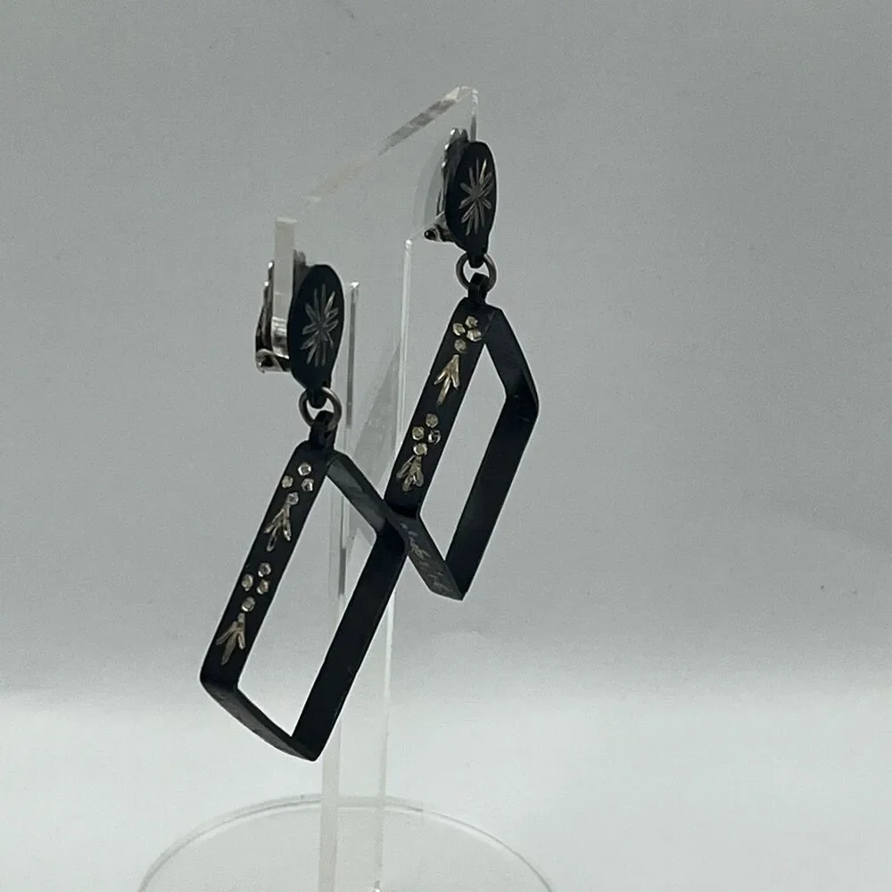 Vintage 1960s black and silver etched abstract clip on Earrings